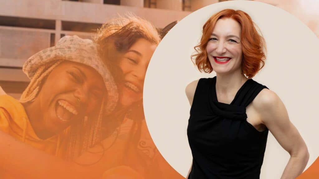 Kathleen Whyman, a white middleaged woman with ginger hair and a black dress in a circle. Background: Diverse younger women laughing with an orange gradient