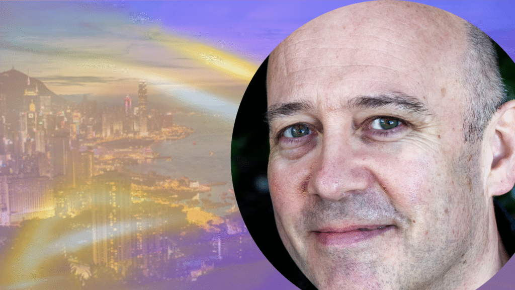 Pete Lawson, a bald white man, in a circle on a cityscape background