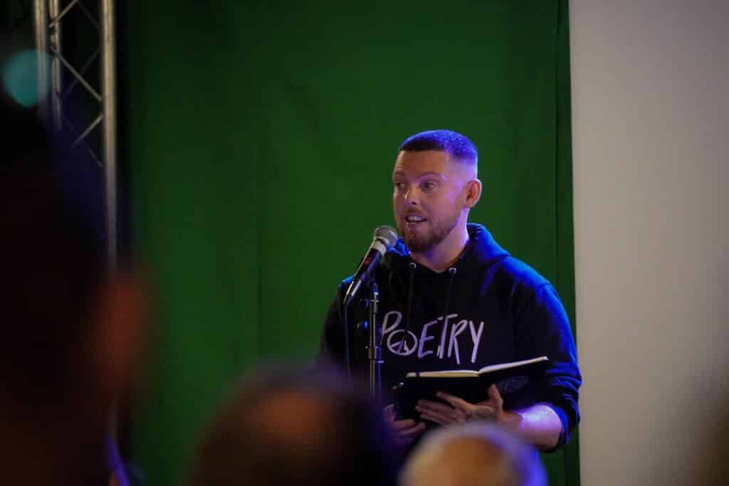 Woodzy reading at the Crawley Poet Laureate launch at Creative Crawley
