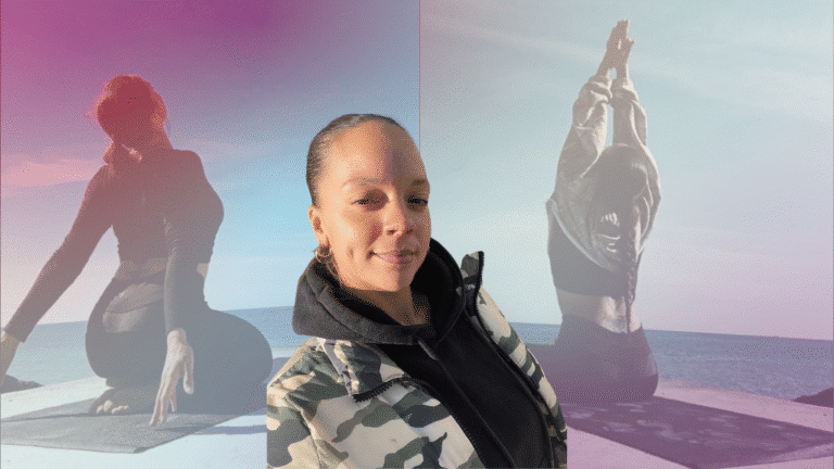 Nataliya Aasre in two yoga poses facing away and front on facing the camera